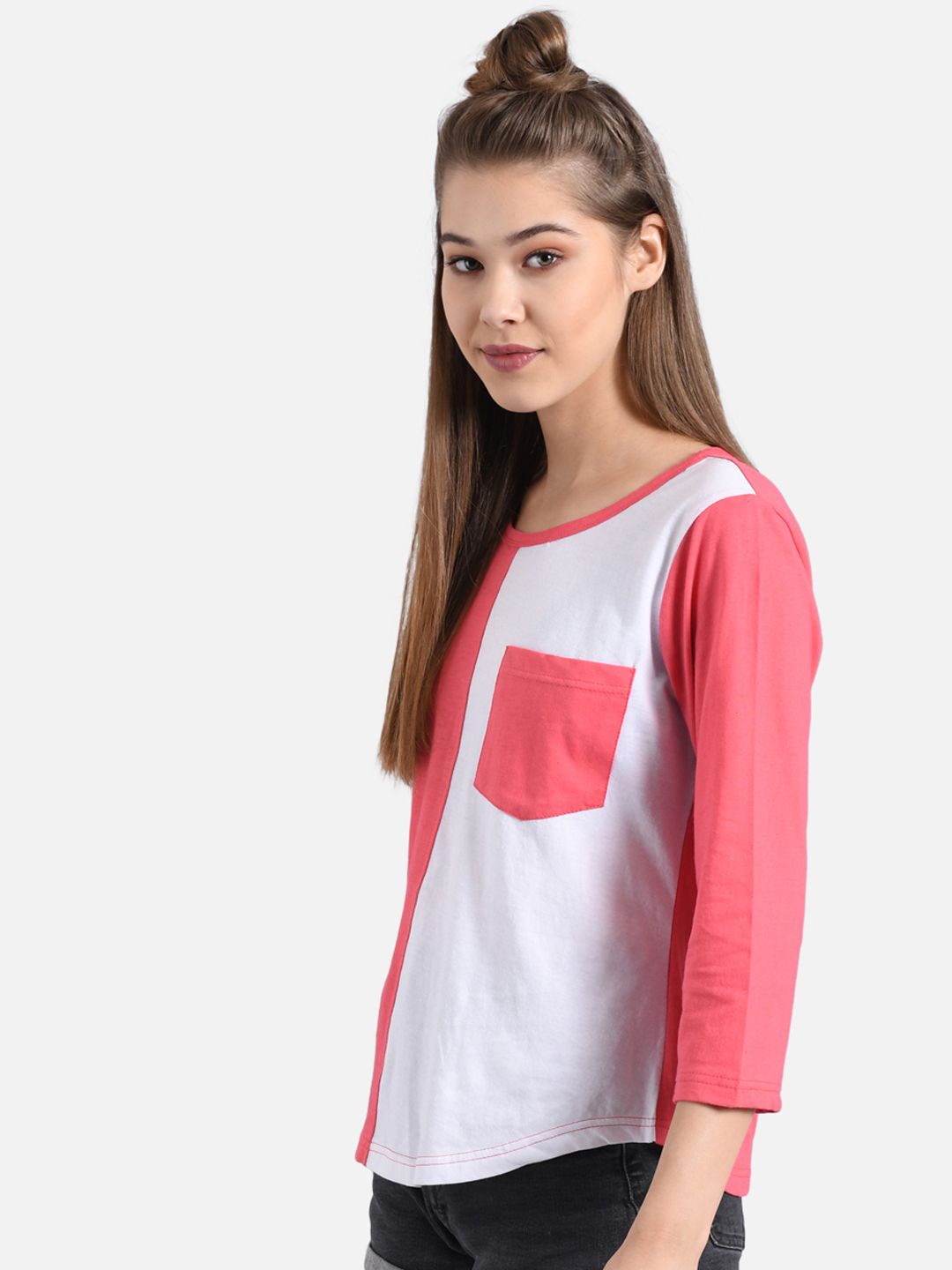 Kotty Women Pink & White Colourblocked Round Neck T-shirt