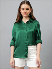 KOTTY BIZwear Green Relaxed Spread Collar Satin Casual Shirt