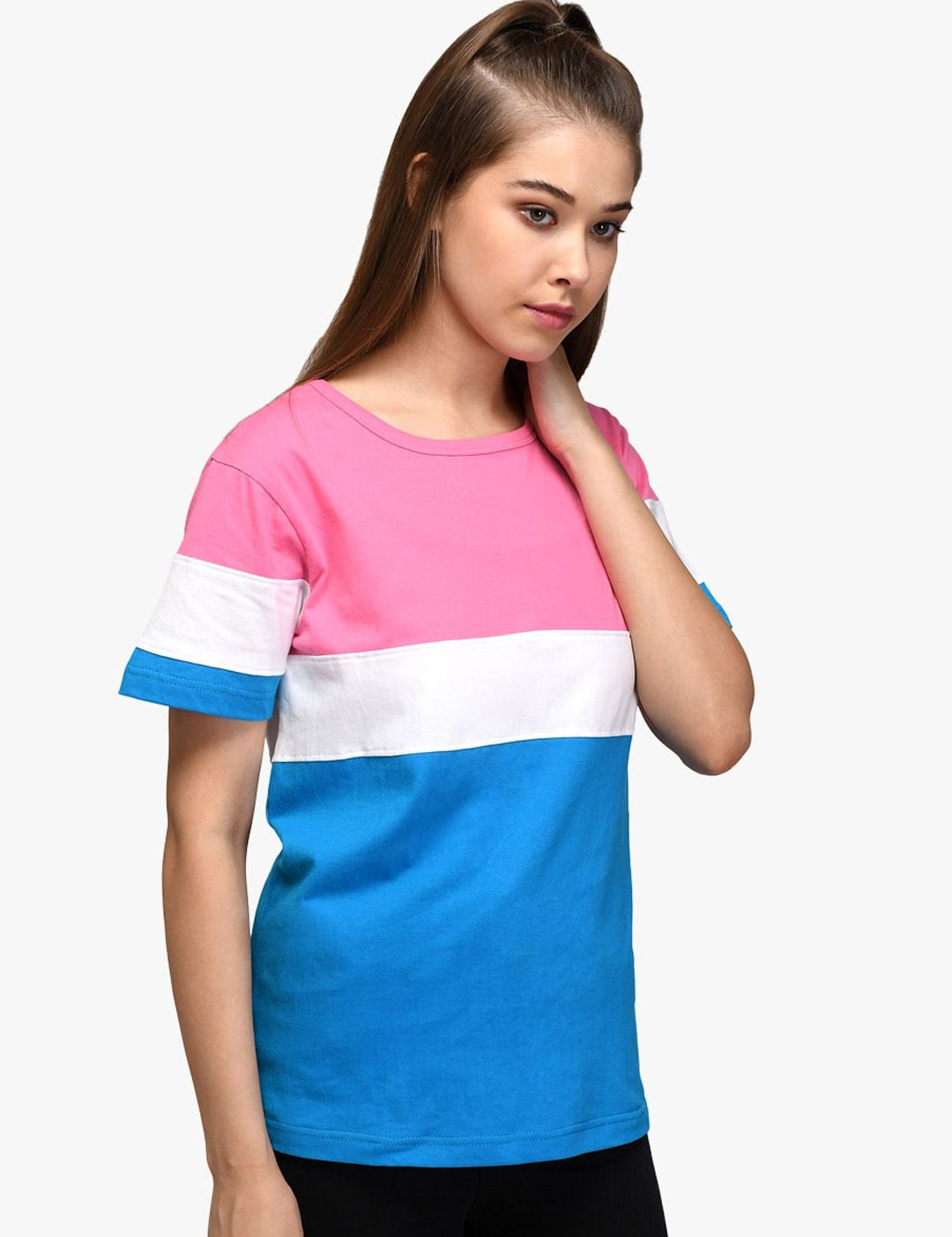 Kotty Women Blue & Pink Colourblocked Round Neck T-shirt
