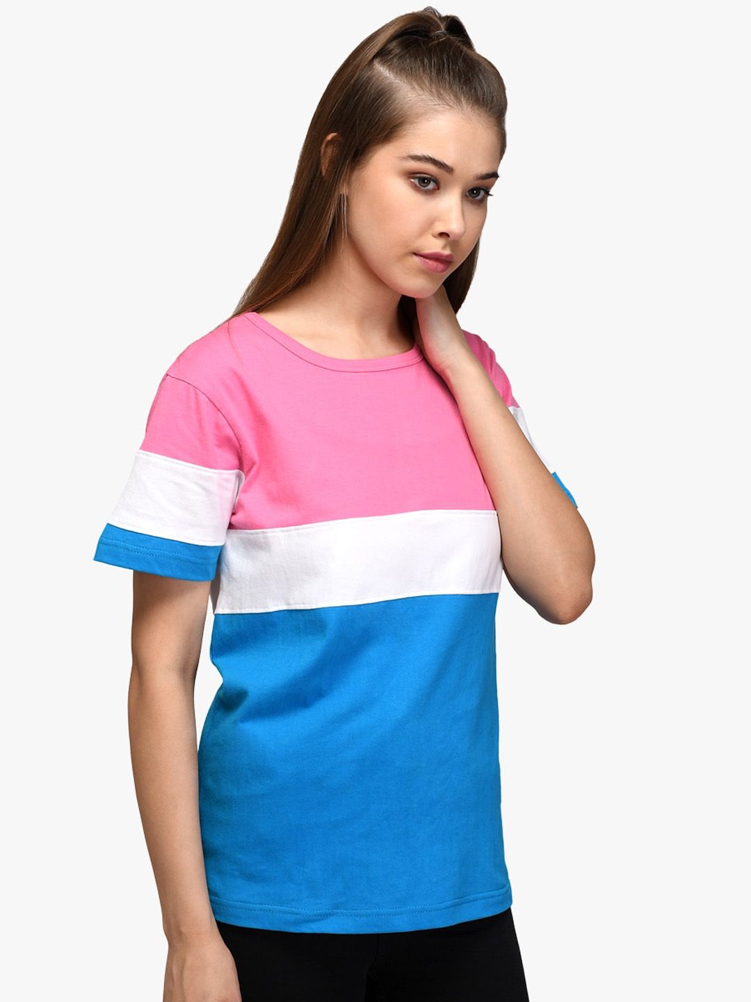 Kotty Women Blue & Pink Colourblocked Round Neck T-shirt