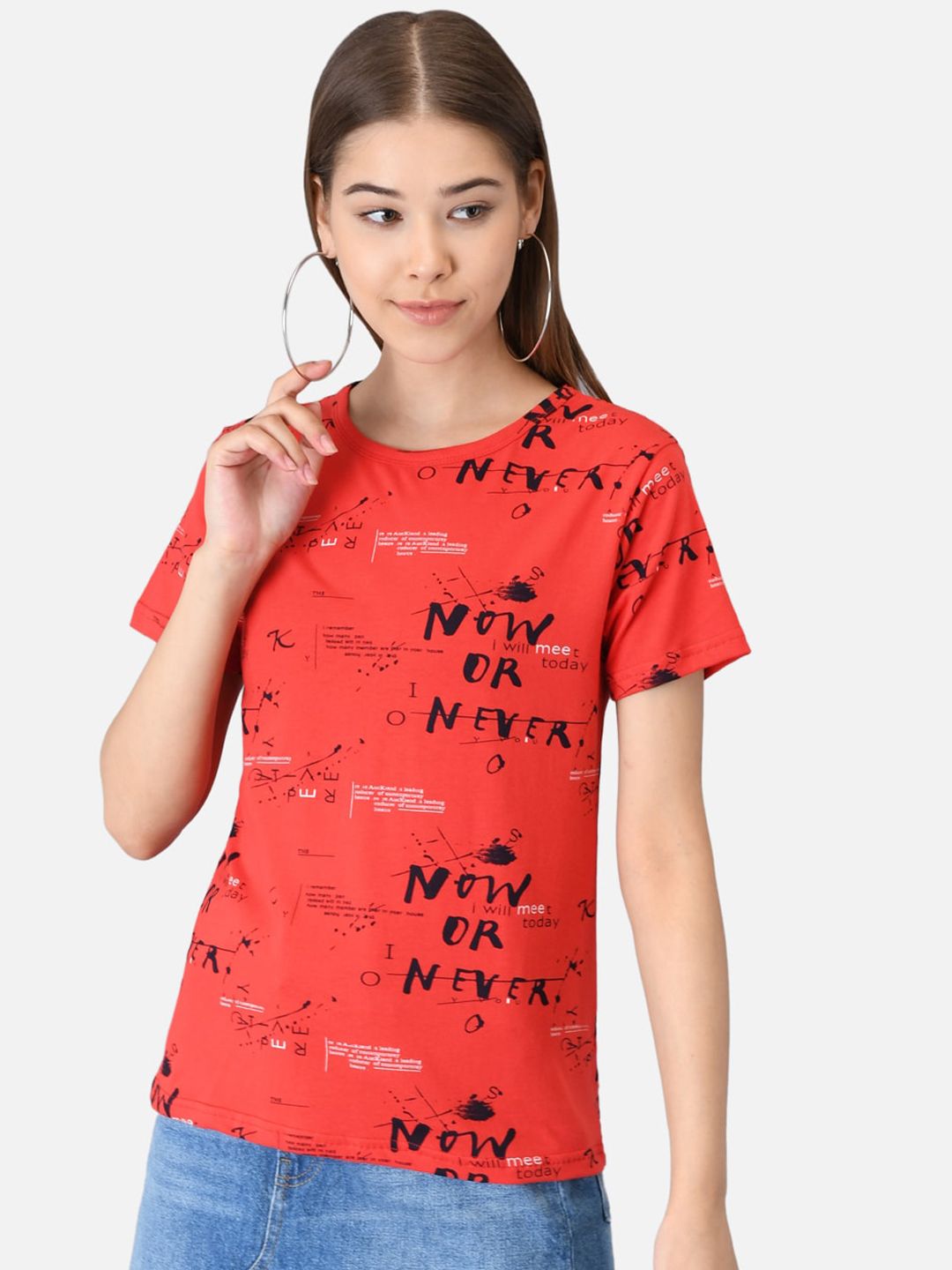 Kotty Women Red & Black Printed Round Neck T-shirt