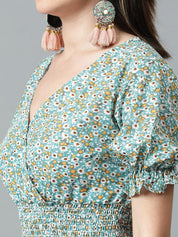 Kotty Floral Printed V-Neck Puff Sleeve Layered Crepe Fit & Flare Midi Dress