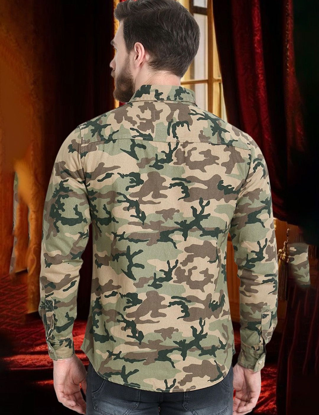 Kotty Men Spread Collar Camouflage Printed Open Front Cotton Jacket