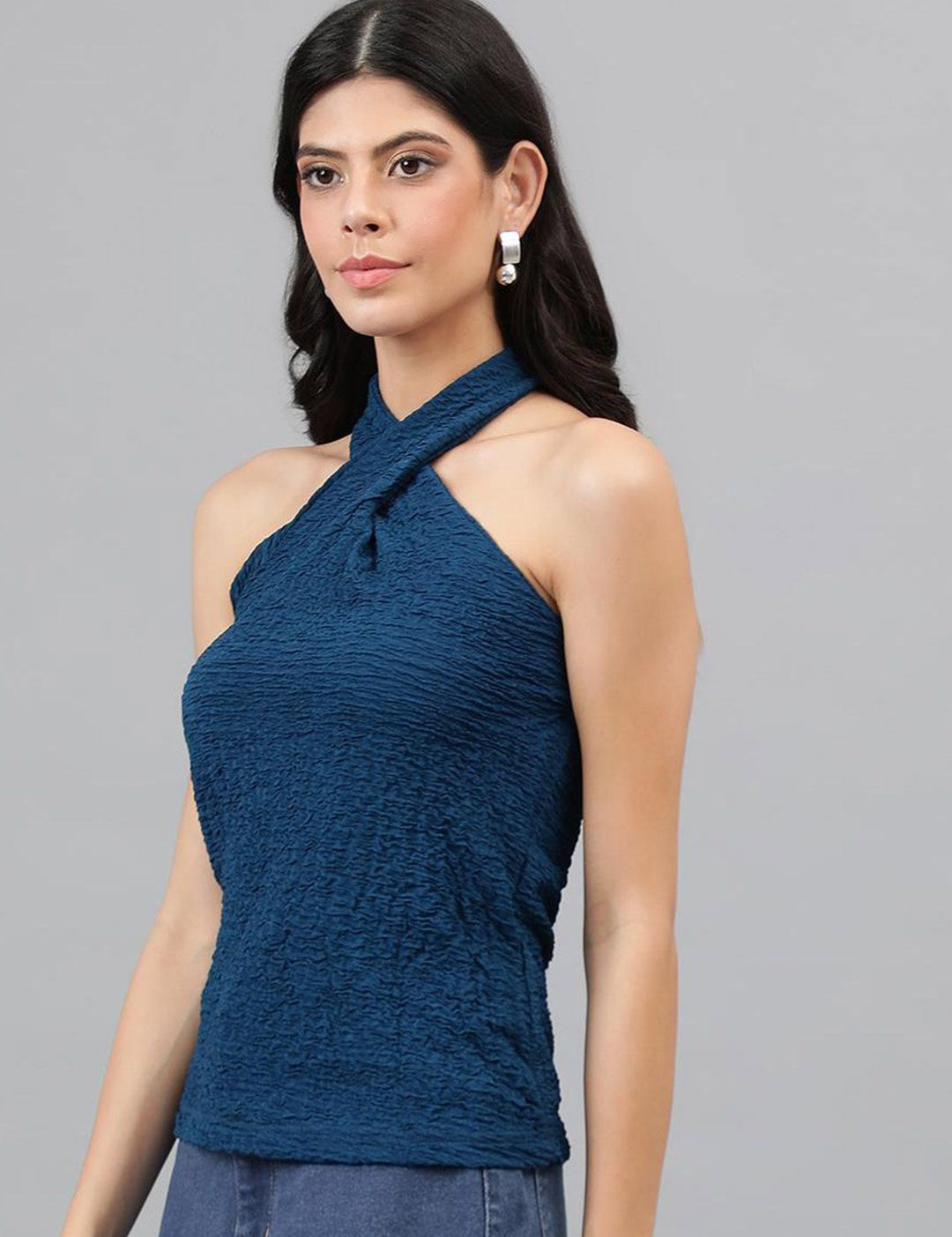 Kotty Blue Self Design Sleeveless Top