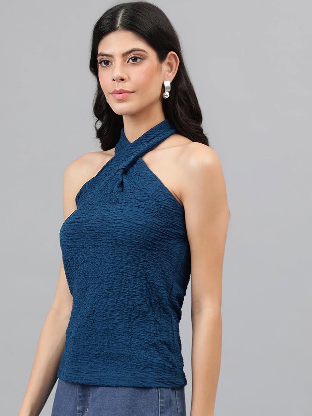 Kotty Blue Self Design Sleeveless Top