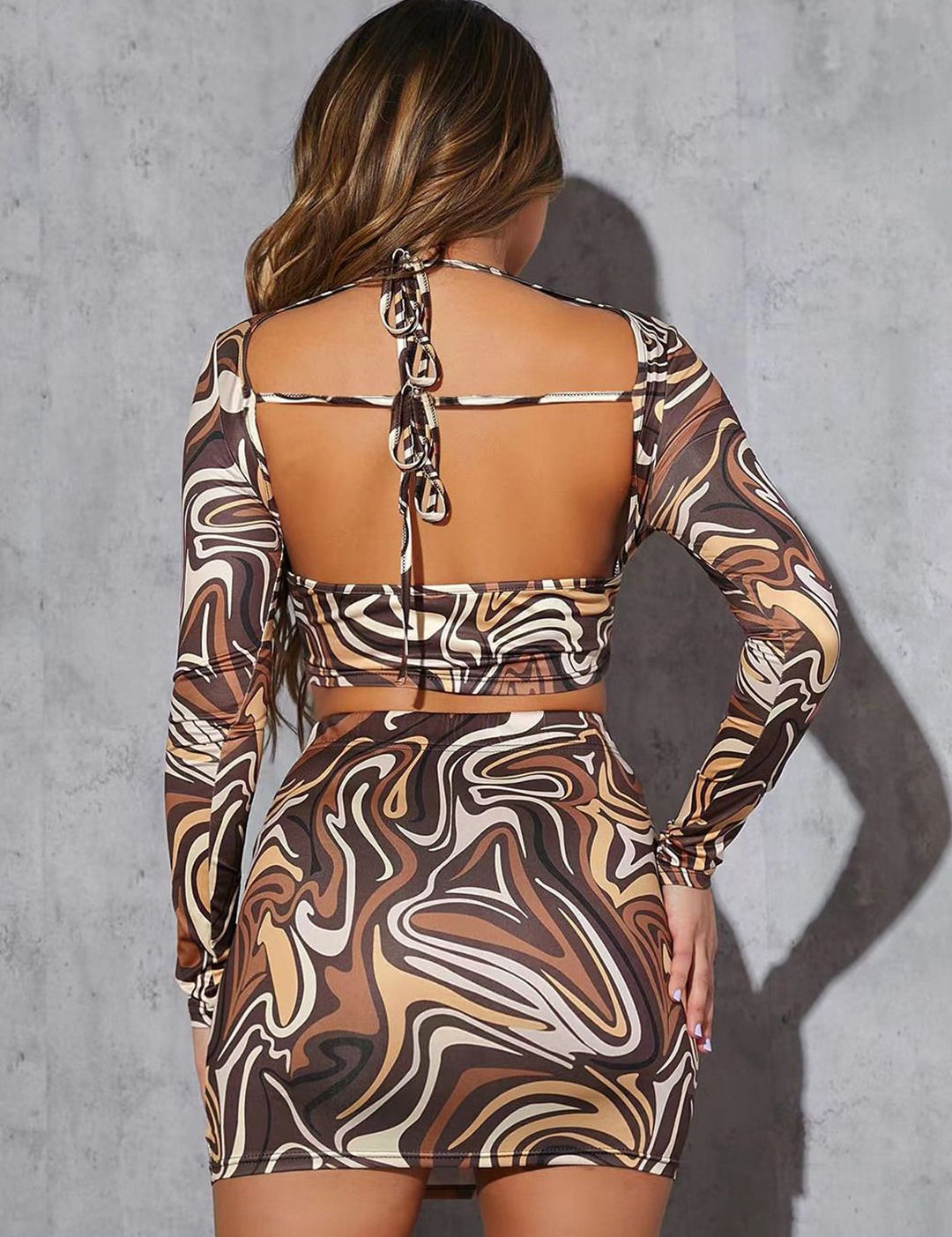 Kotty Brown Printed V-Neck Top With Skirt