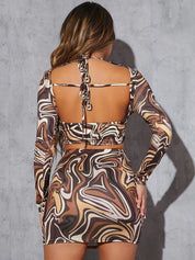 Kotty Brown Printed V-Neck Top With Skirt