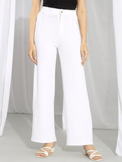 Kotty Women White Relaxed Straight Leg Straight Fit Easy Wash Parallel Trousers