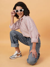 Kotty Vertical Stripes Drop-Shoulder Sleeves Longline Casual Shirt