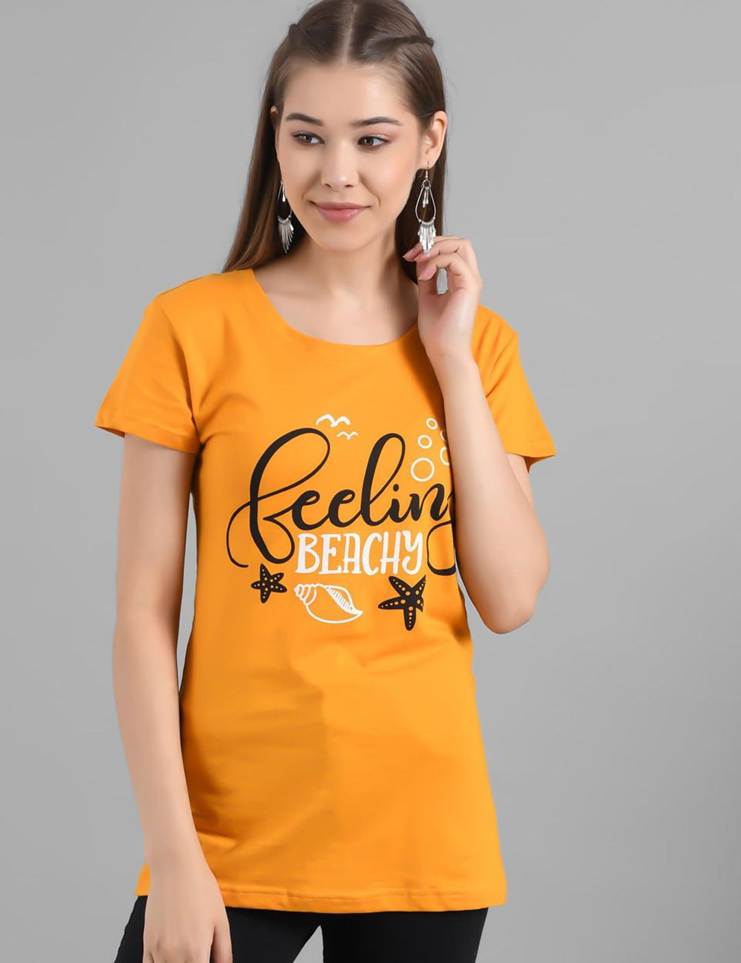 Kotty Women Yellow Printed Round Neck Longline T-shirt
