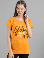 Kotty Women Yellow Printed Round Neck Longline T-shirt