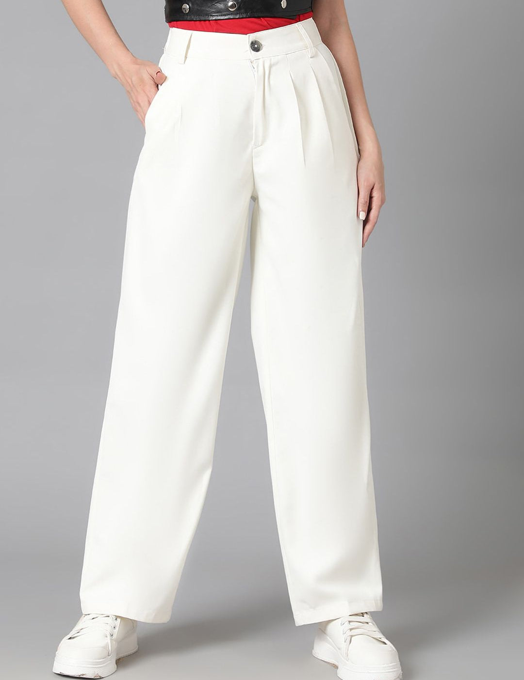 Kotty Women White Relaxed Straight Leg Straight Fit High-Rise Easy Wash Pleated Trousers