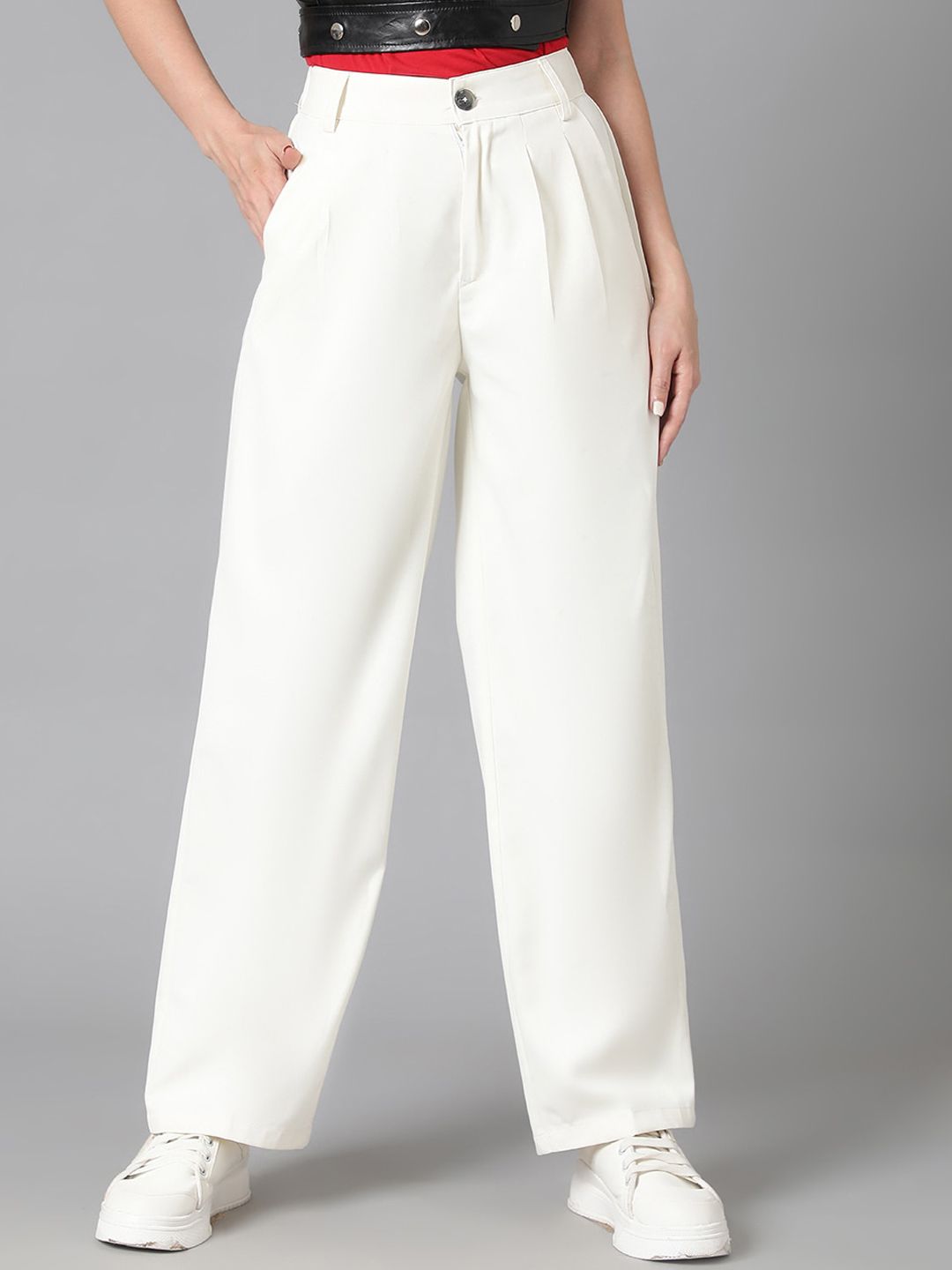 Kotty Women White Relaxed Straight Leg Straight Fit High-Rise Easy Wash Pleated Trousers
