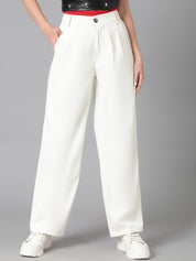 Kotty Women White Relaxed Straight Leg Straight Fit High-Rise Easy Wash Pleated Trousers