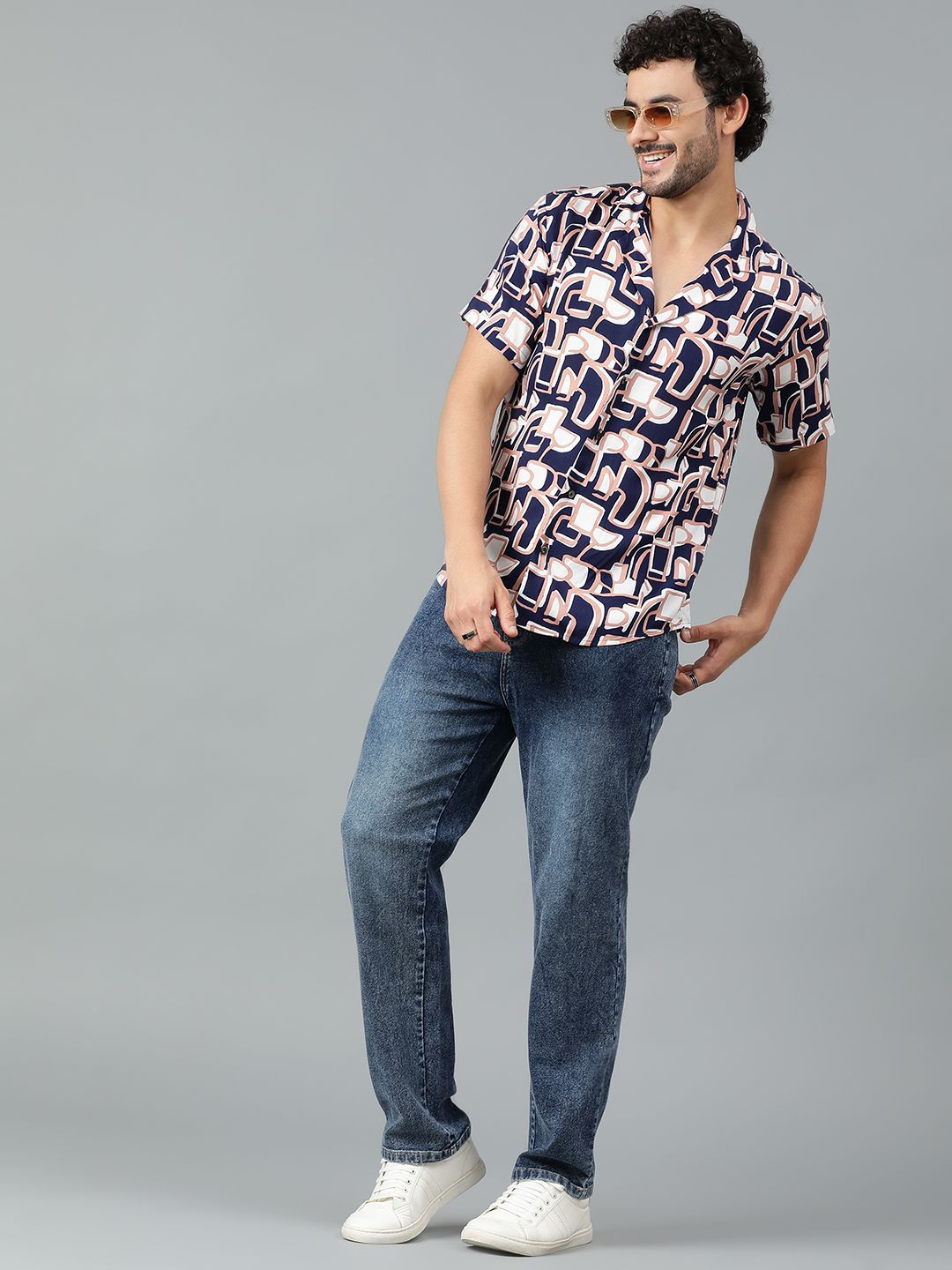 Kotty Men Cuban Collar Abstract Printed Casual Shirt