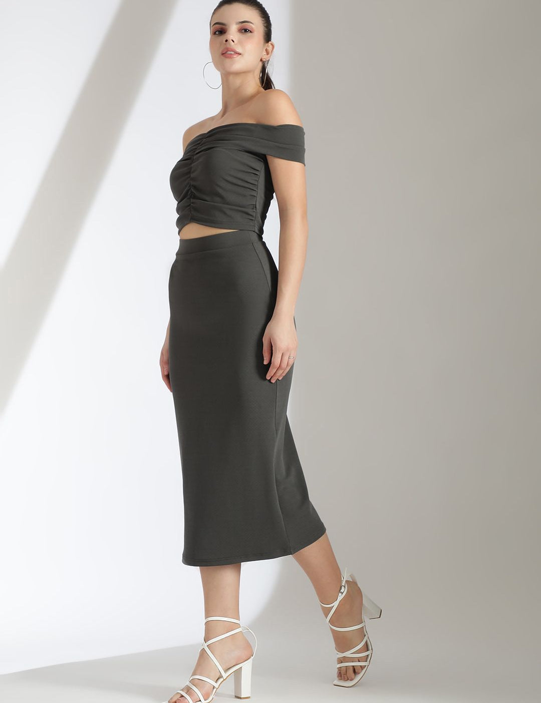 Kotty Grey Off Shoulder Top With Skirt