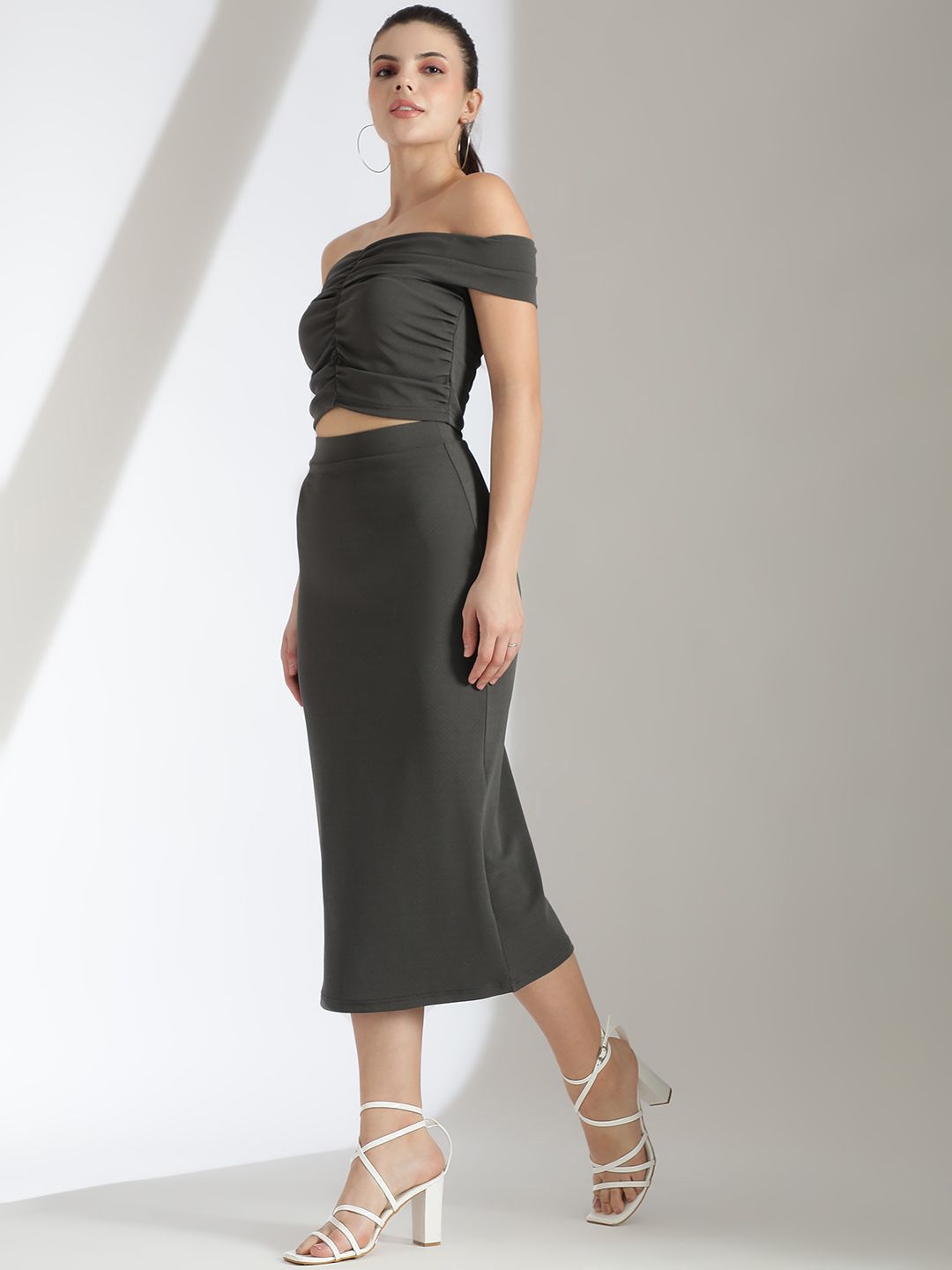 Kotty Grey Off Shoulder Top With Skirt