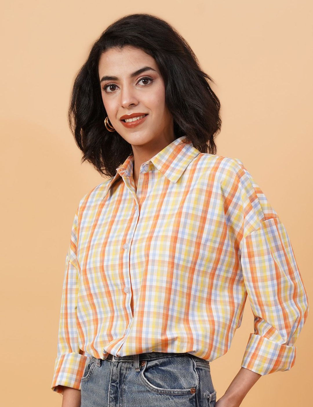 Kotty Orange Spread Collar Checked Casual Shirt