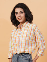 Kotty Orange Spread Collar Checked Casual Shirt