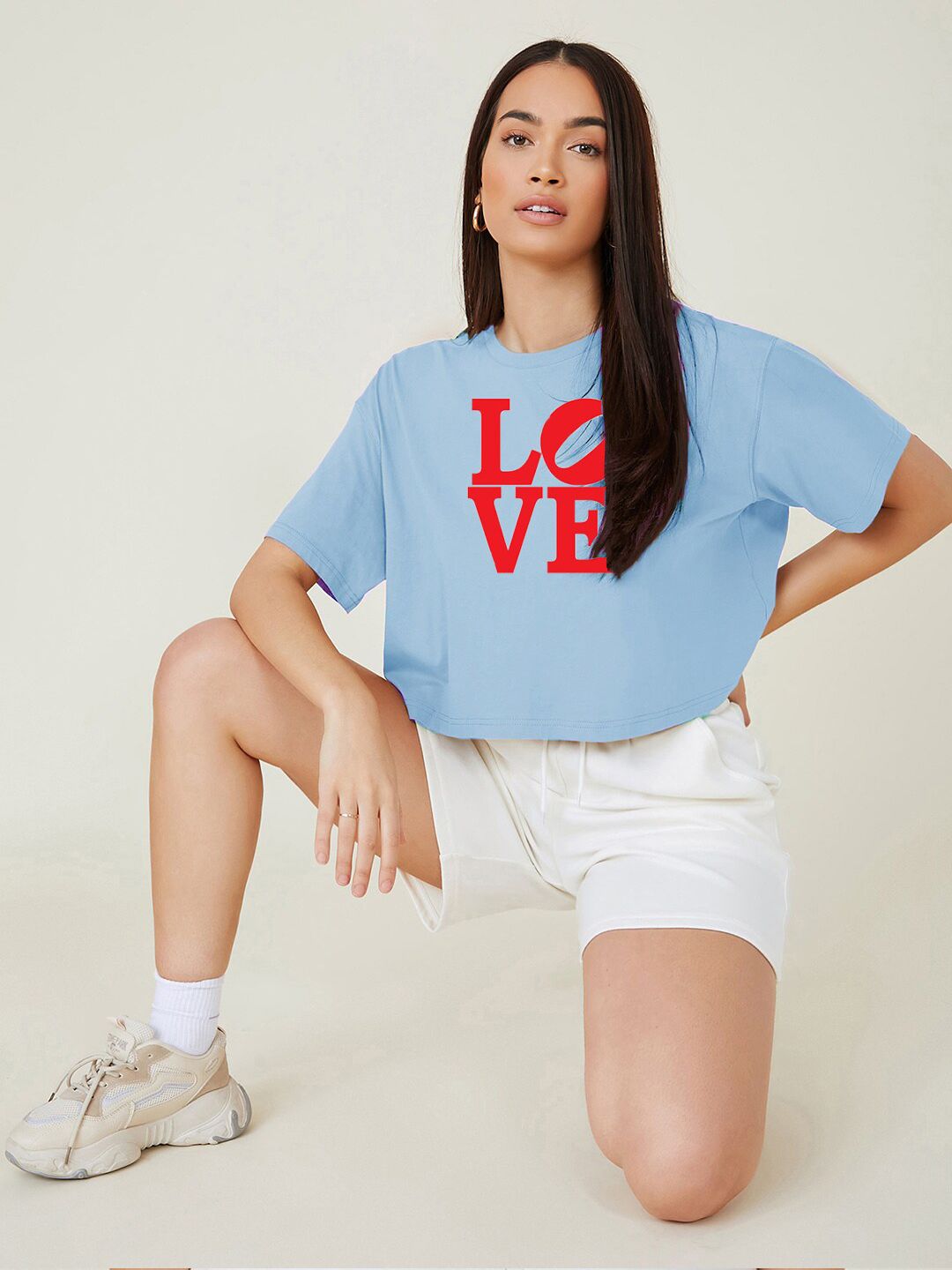 Kotty Blue Typography Printed Drop-Shoulder Sleeves Cotton Oversized Crop T-shirt