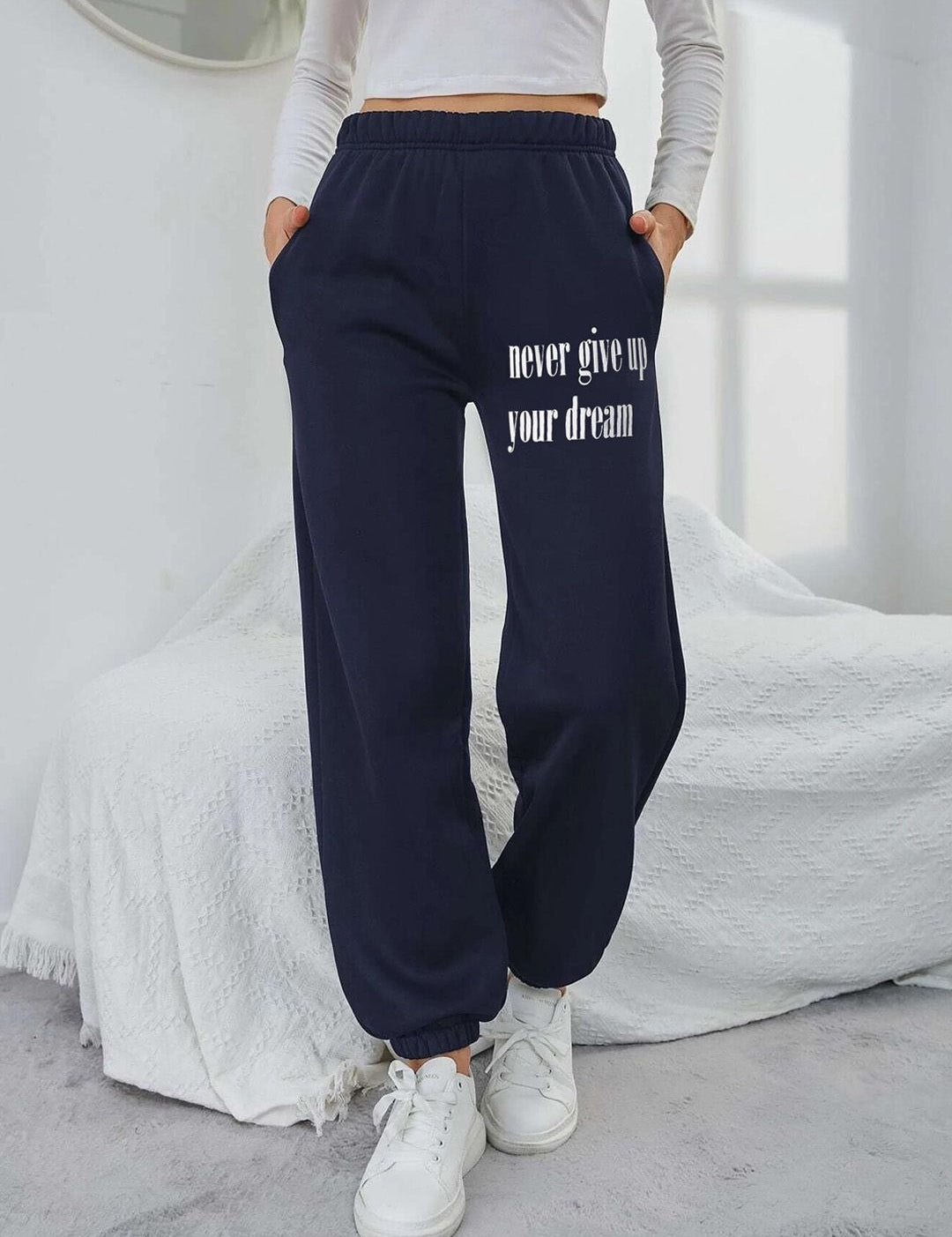 Kotty Women Navy Blue Typography Printed Relaxed Fit Pure Cotton Joggers