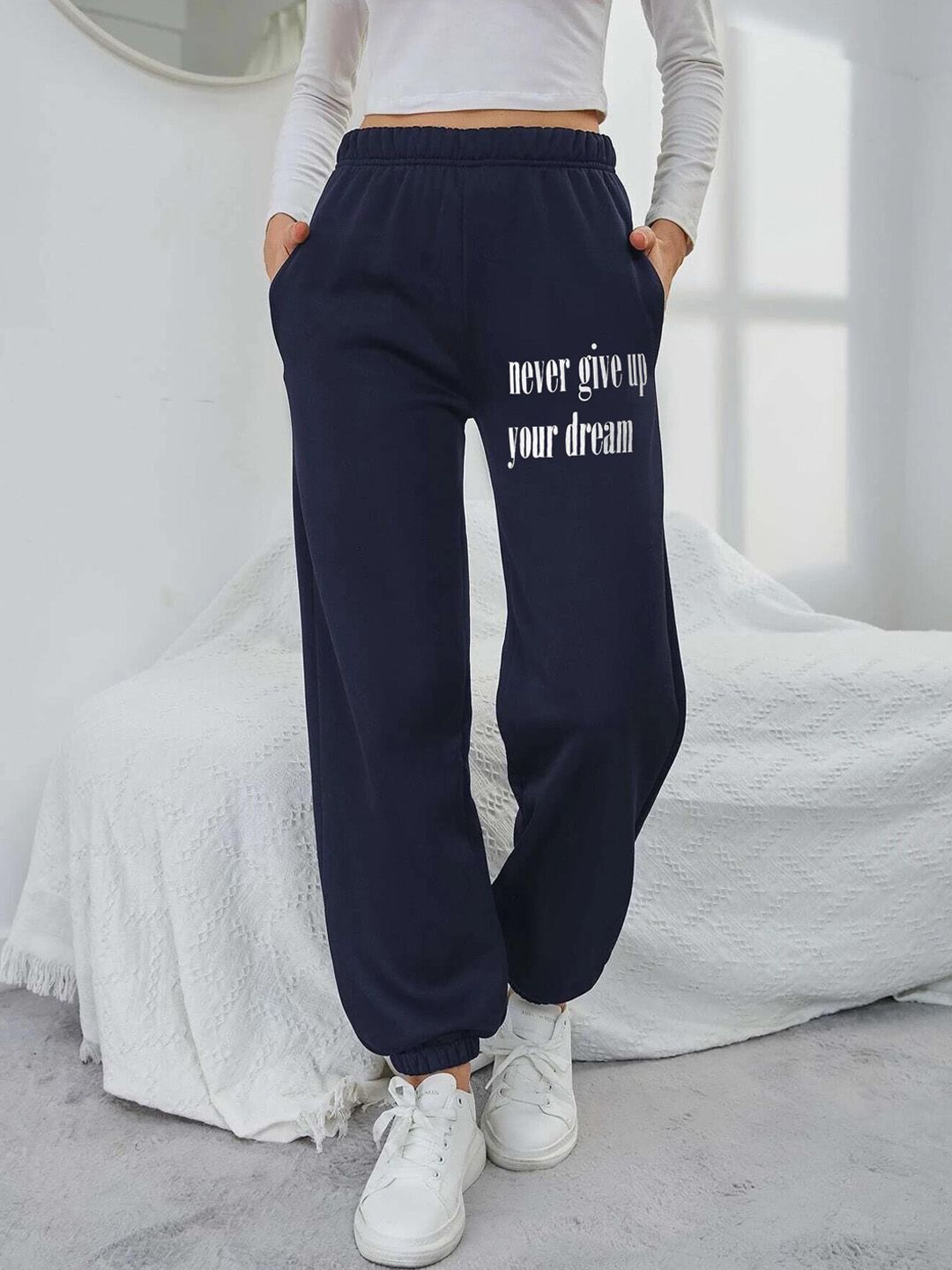 Kotty Women Navy Blue Typography Printed Relaxed Fit Pure Cotton Joggers