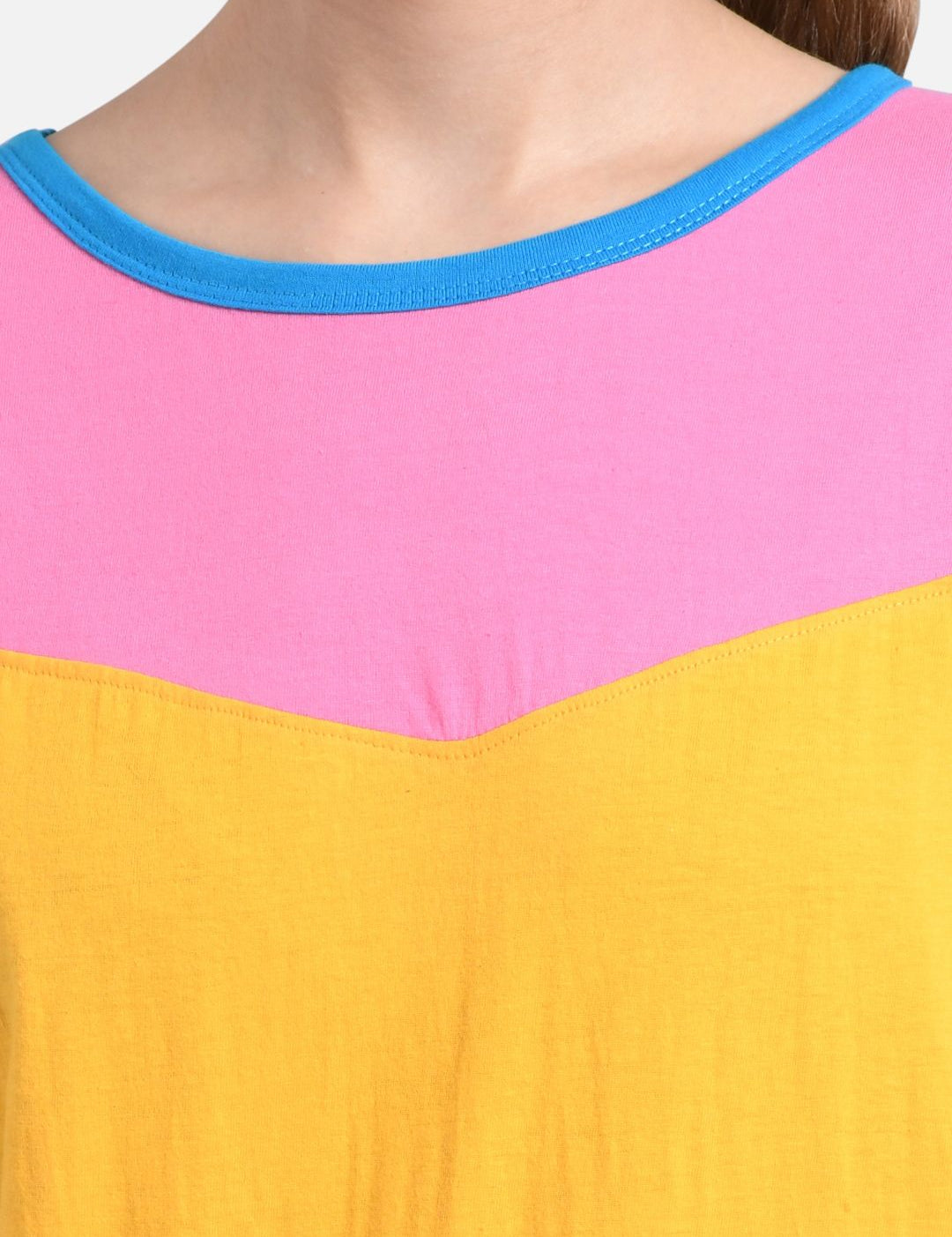 Kotty Women Blue & Yellow Colourblocked Round Neck T-shirt