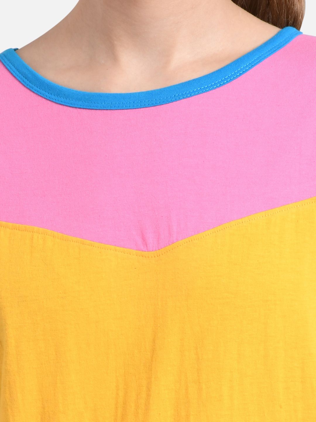 Kotty Women Blue & Yellow Colourblocked Round Neck T-shirt
