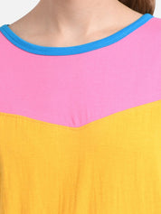 Kotty Women Blue & Yellow Colourblocked Round Neck T-shirt