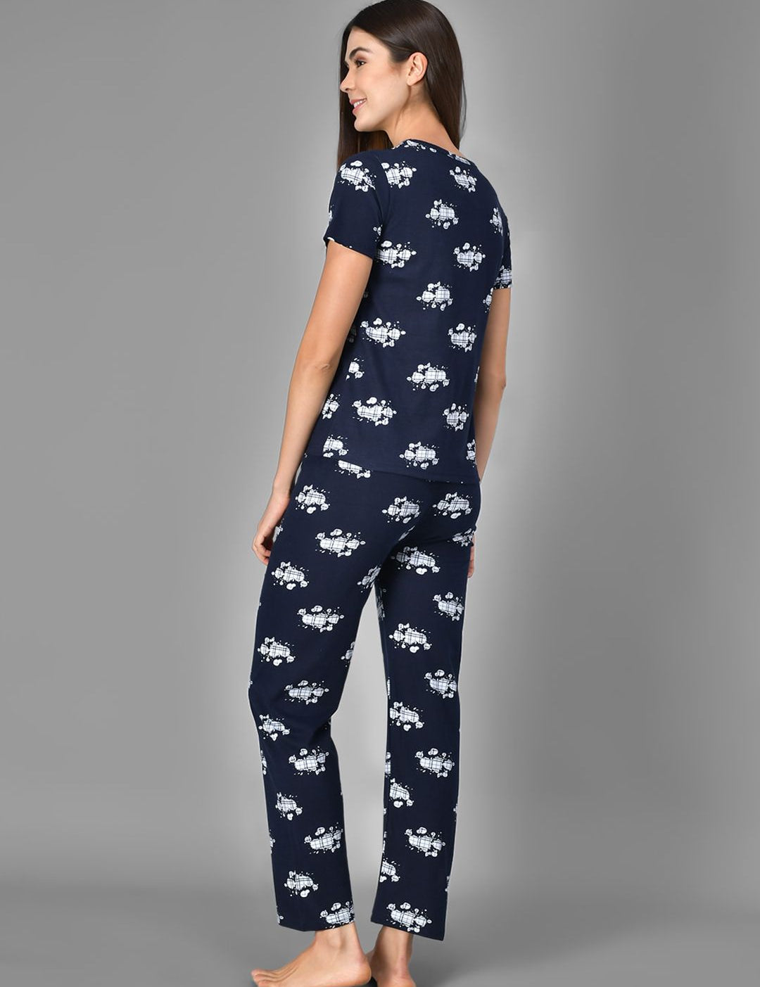 Kotty Women Blue & White Printed Night Suit