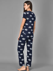 Kotty Women Blue & White Printed Night Suit