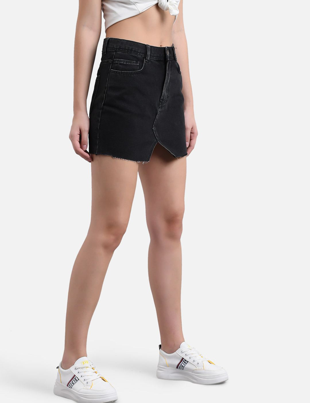 Kotty Women Black Solid Denim Straight Mini Skirt