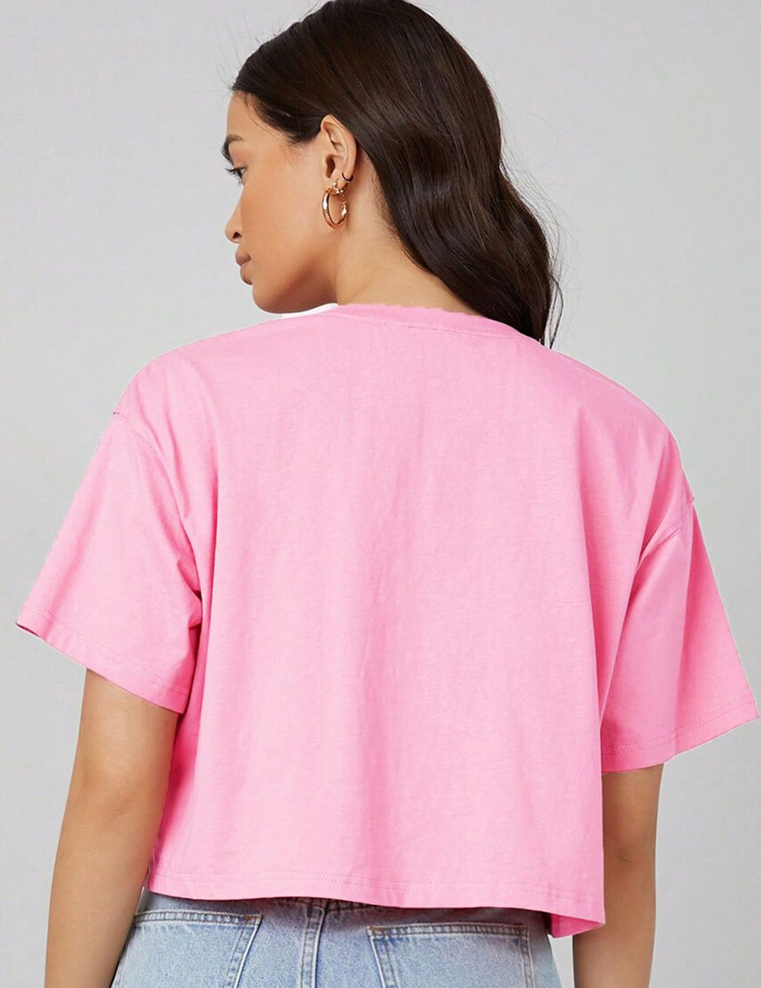 KOTTY Basics Pink Round Neck Drop-Shoulder Sleeves Crop Oversized T-shirt