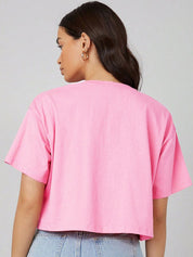 KOTTY Basics Pink Round Neck Drop-Shoulder Sleeves Crop Oversized T-shirt