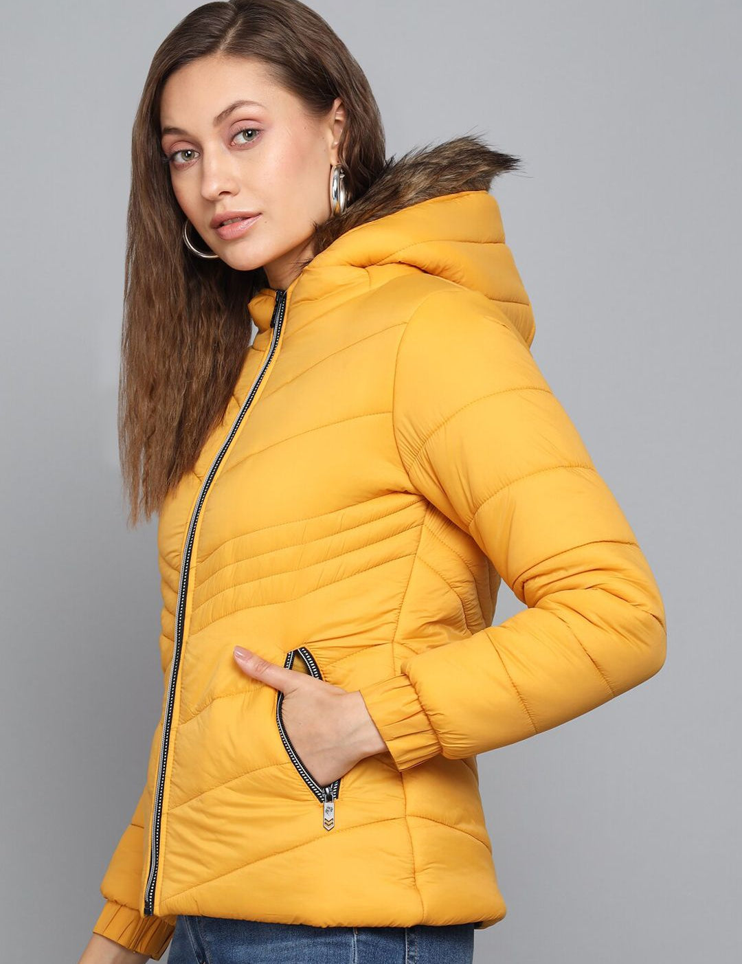 Kotty Women Yellow Striped Hooded Puffer Jacket