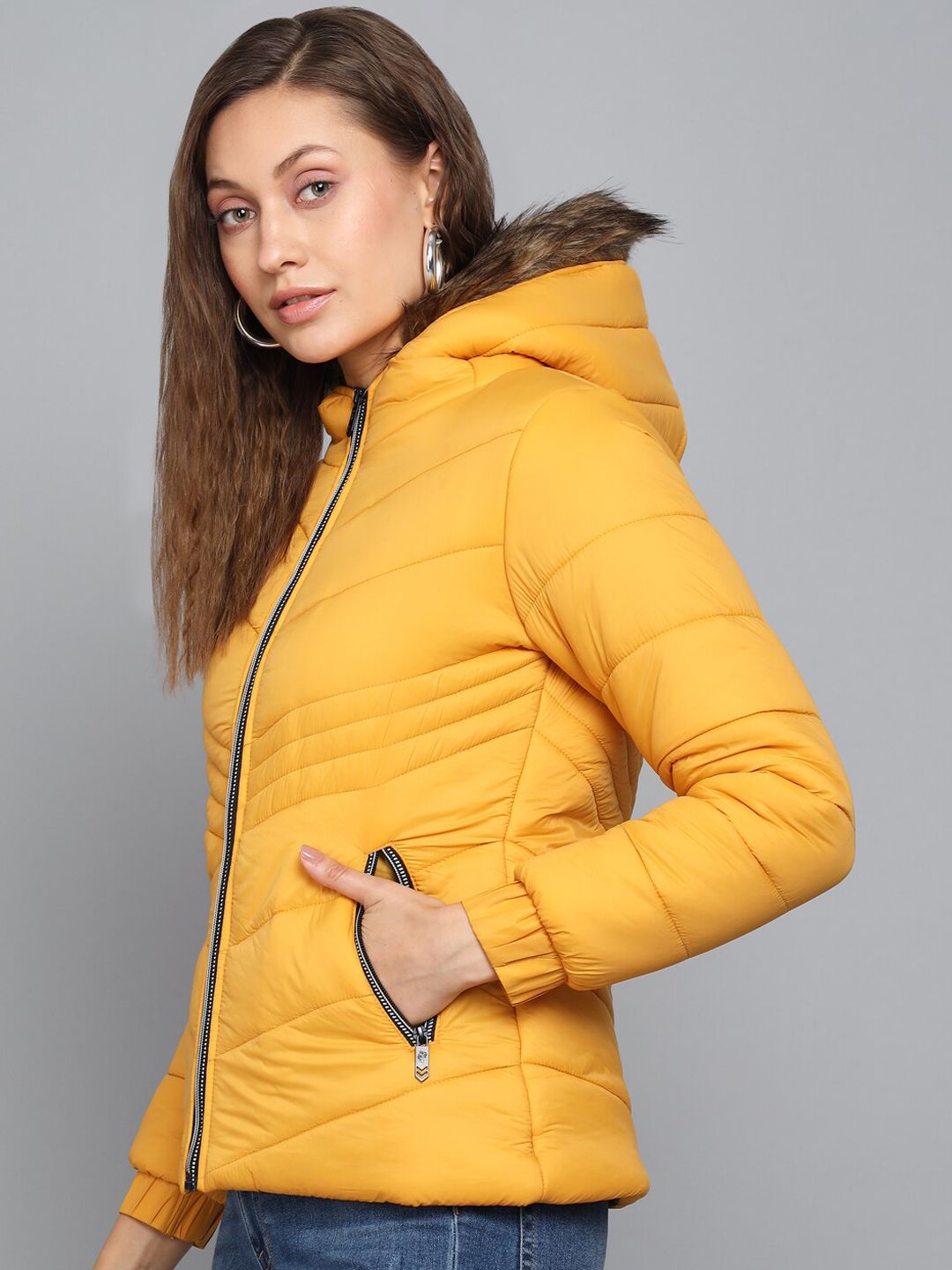 Kotty Women Yellow Striped Hooded Puffer Jacket