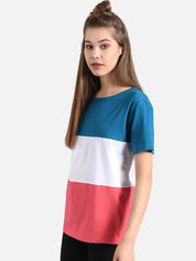 Kotty Women White & Blue Colourblocked V-Neck T-shirt