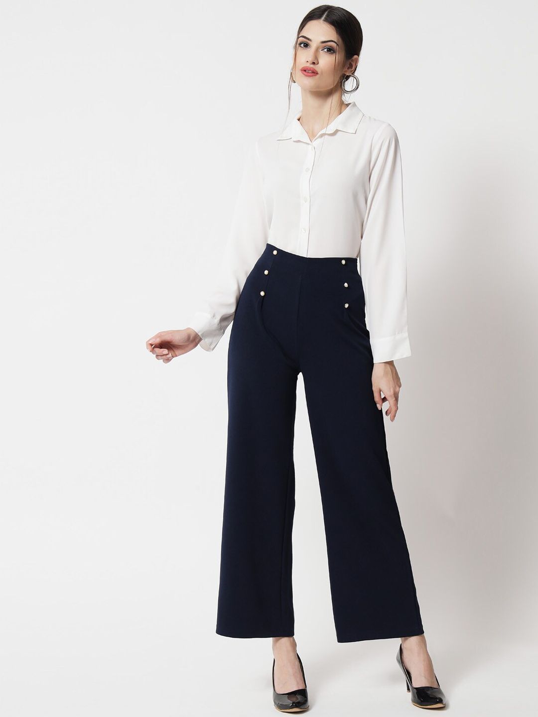 Kotty Women Navy Blue Relaxed Straight Fit High-Rise Easy Wash Trousers
