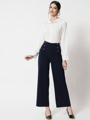 Kotty Women Navy Blue Relaxed Straight Fit High-Rise Easy Wash Trousers