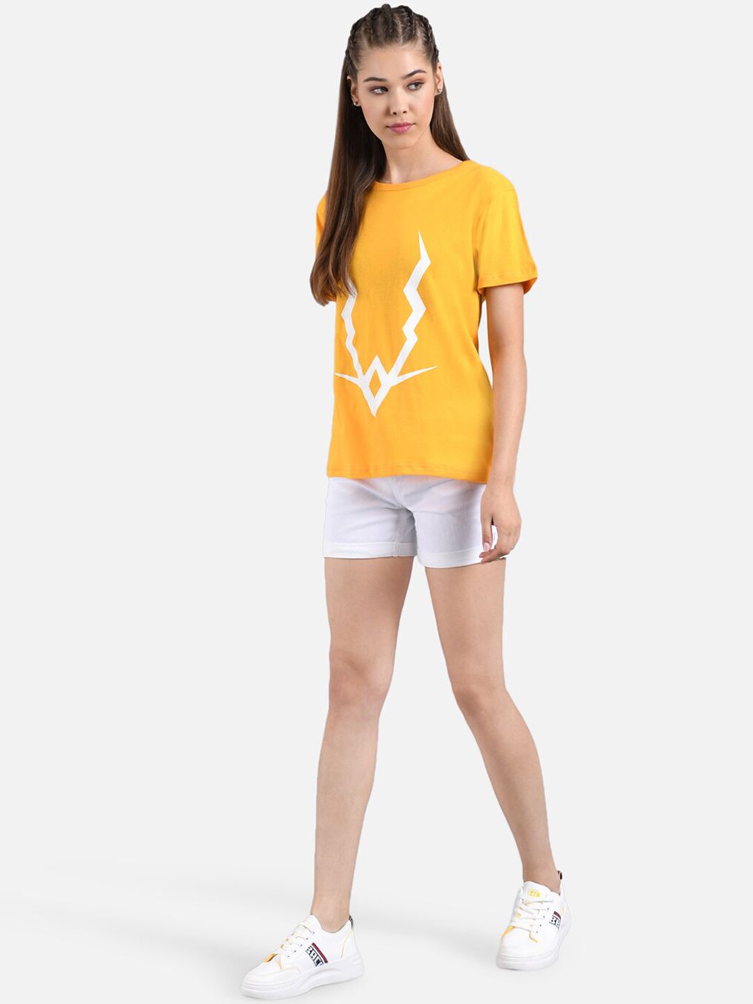 Kotty Women Mustard Yellow & White Printed Round Neck T-shirt
