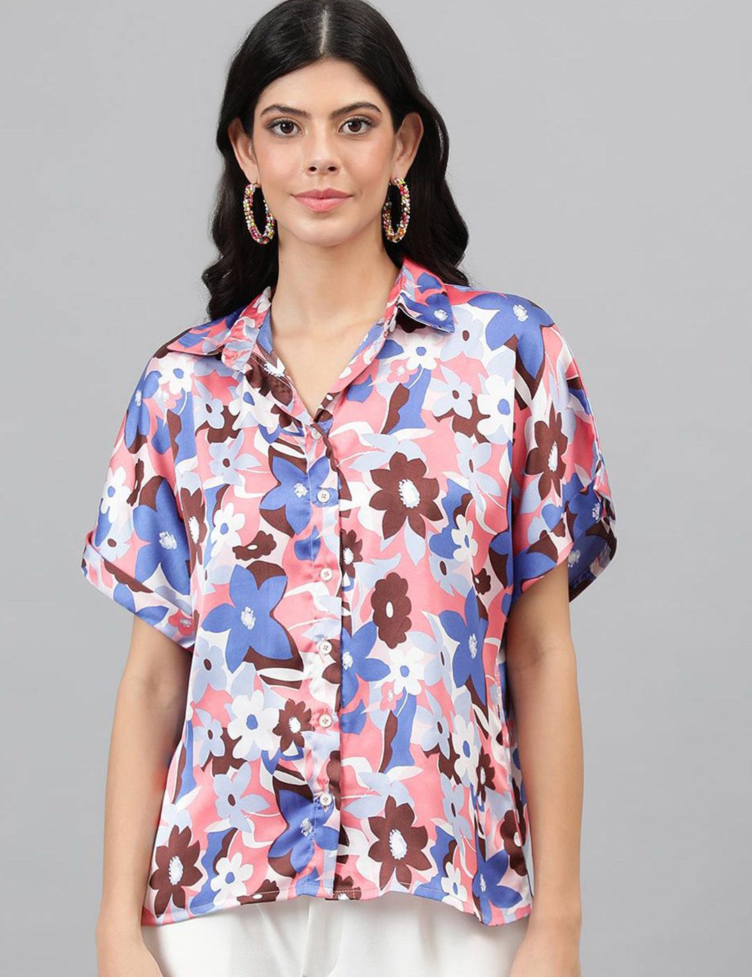 Kotty White & Blue Floral Printed Satin Shirt Style Top