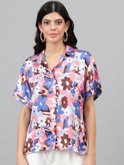 Kotty White & Blue Floral Printed Satin Shirt Style Top