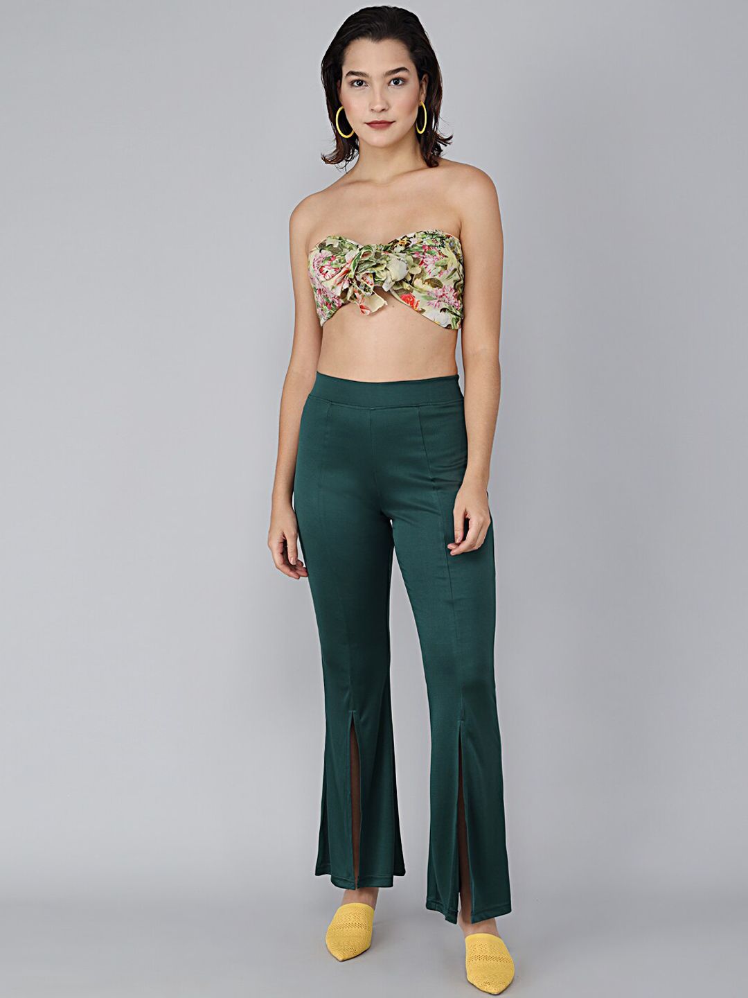 Kotty Women Green Solid Flared High-Rise Bootcut Trousers