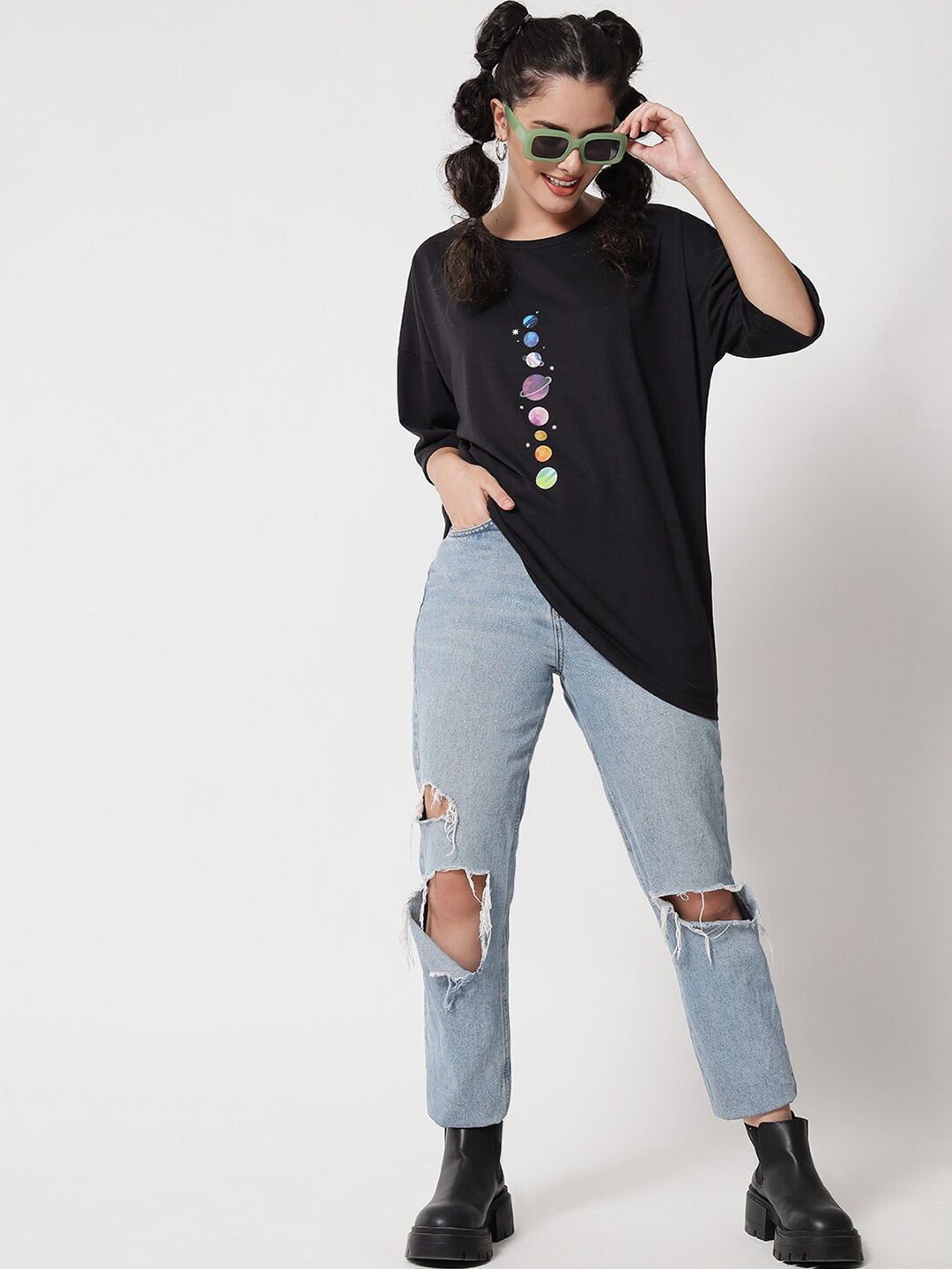 Kotty Women Black Typography Printed Applique Oversized T-shirt