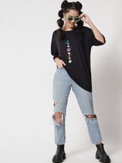 Kotty Women Black Typography Printed Applique Oversized T-shirt