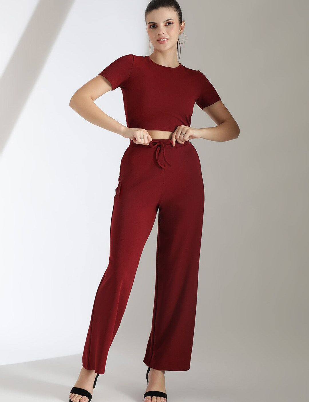 Stylecast X KOTTY Basics Maroon Round-Neck Crop Top And Wide Leg Pant
