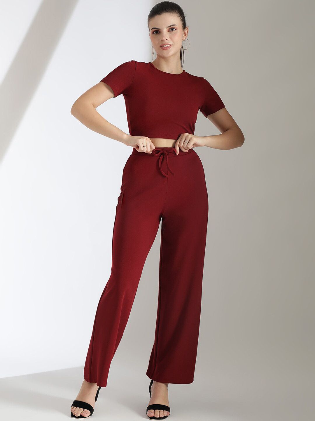 Stylecast X KOTTY Basics Maroon Round-Neck Crop Top And Wide Leg Pant