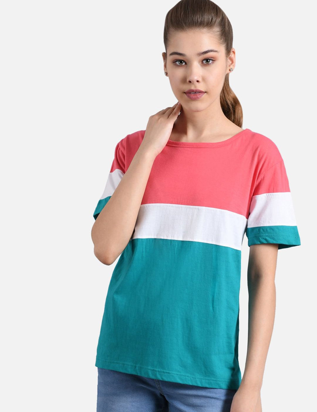 Kotty Women Teal Green & Peach-Coloured Colourblocked Round Neck T-shirt