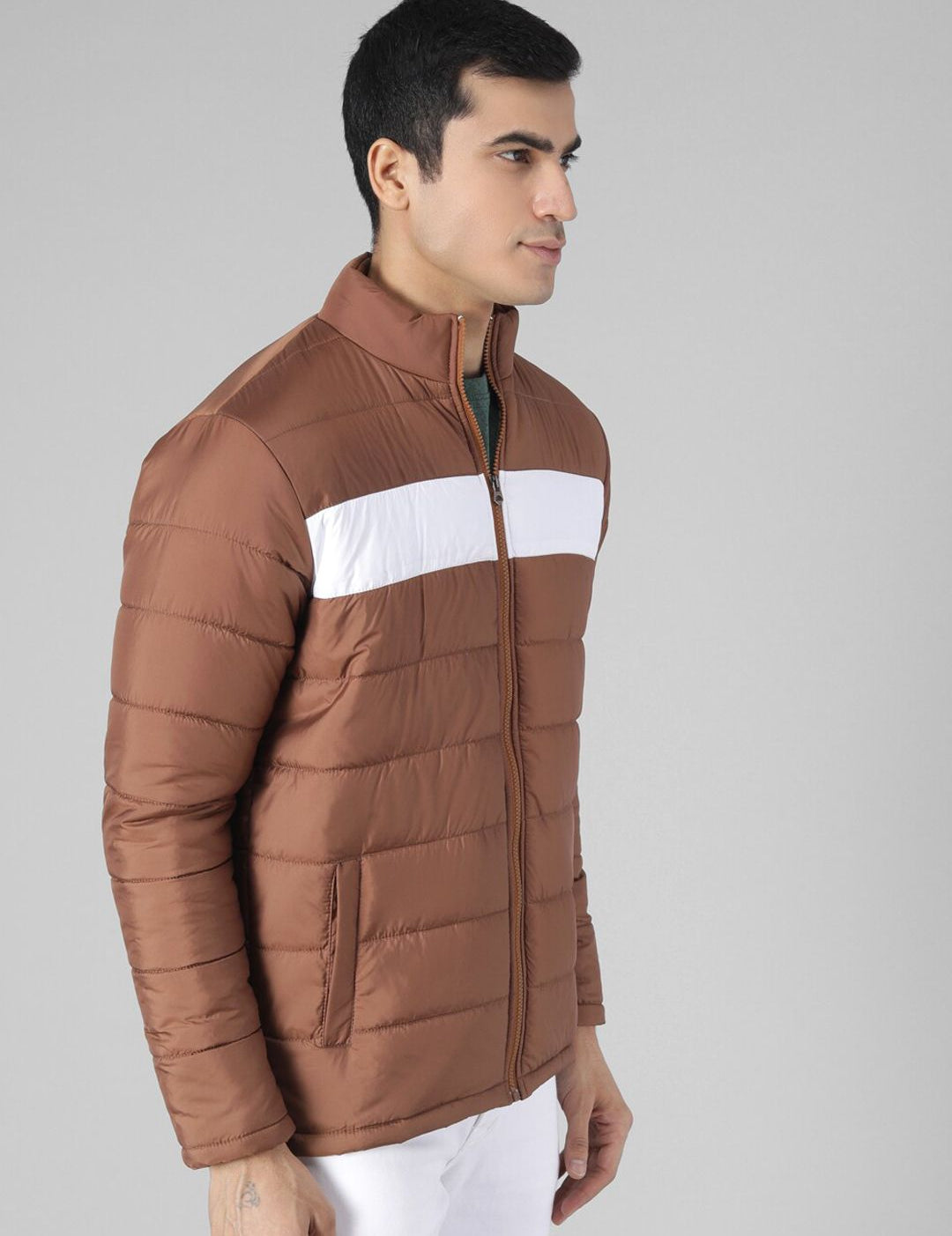 Kotty Men Brown & White Colourblocked Puffer Jacket