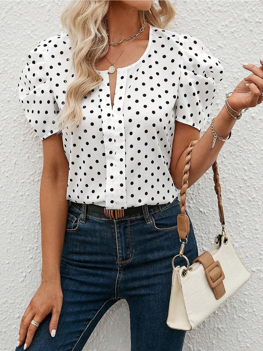 Kotty White & Black Polka Dot Printed Puff Sleeve Top